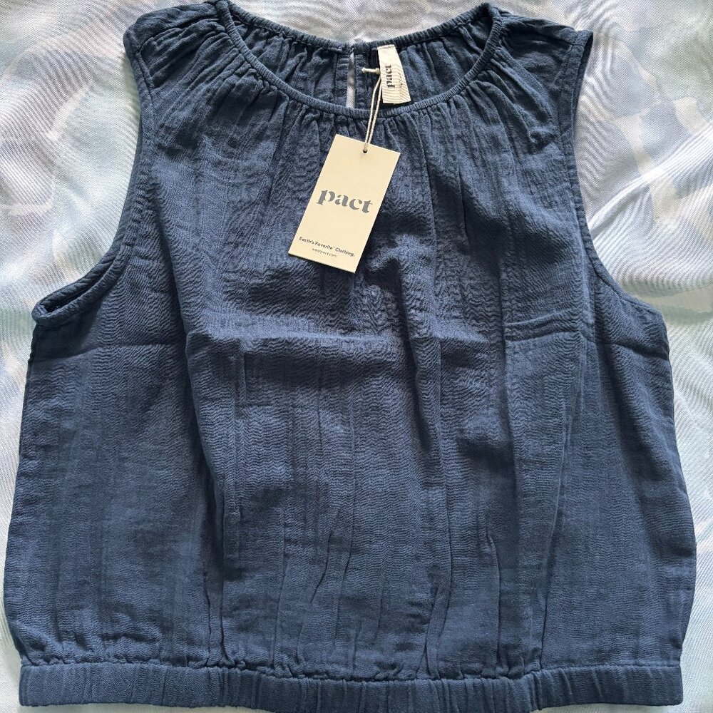 PACT Women's French Navy Coastal Double Gauze Bubble Hem Top